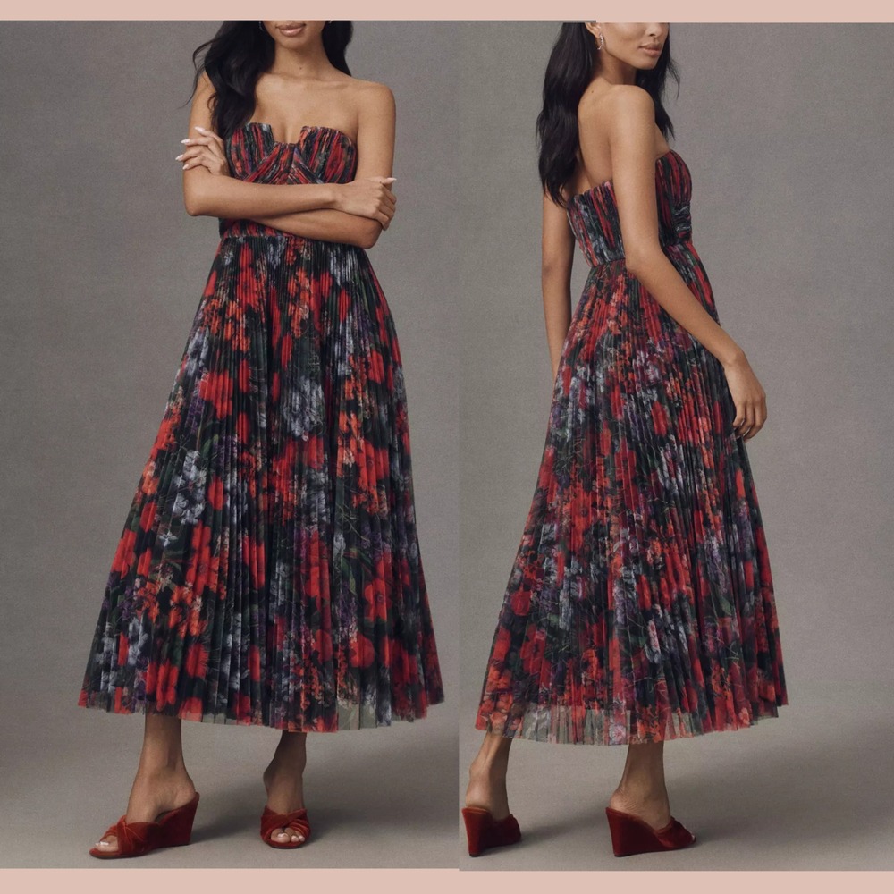 NEW$398 Hutch [ 4 ] Corene‎ Strapless Floral Tulle A-Line Midi Dress Black Q1298